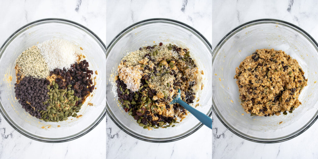 Collage showing the steps of adding in the add-ins to the breakfast cookies in the bowl with the better is raisins, shredded coconut, hemp hearts, pumpkin seeds, and mini chocolate chips.