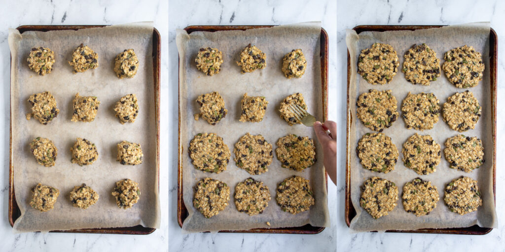 Collage of steps showing how to measure out and then form a cookie shape on a sheet pan for breakfast cookies.