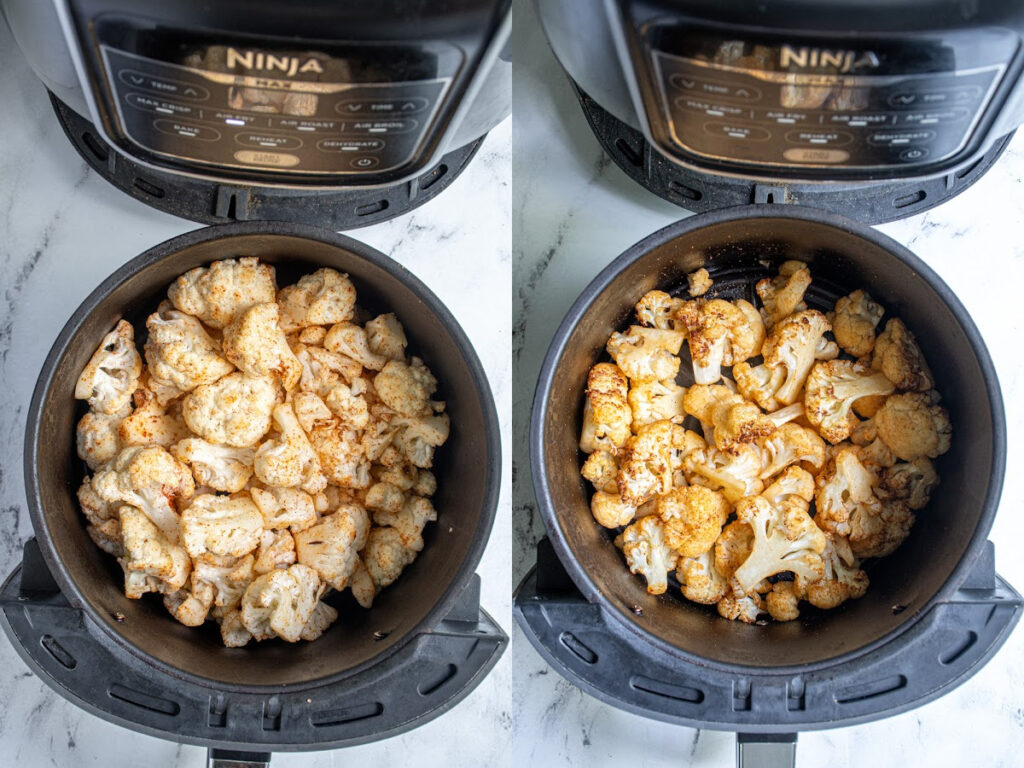 Before and After photo collage of cauliflower being cooked in the air fryer.
