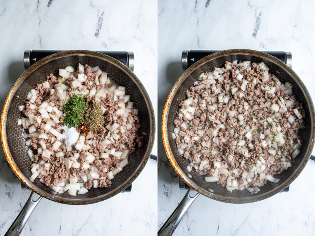Browed and crumbled ground beef with onions and spices.