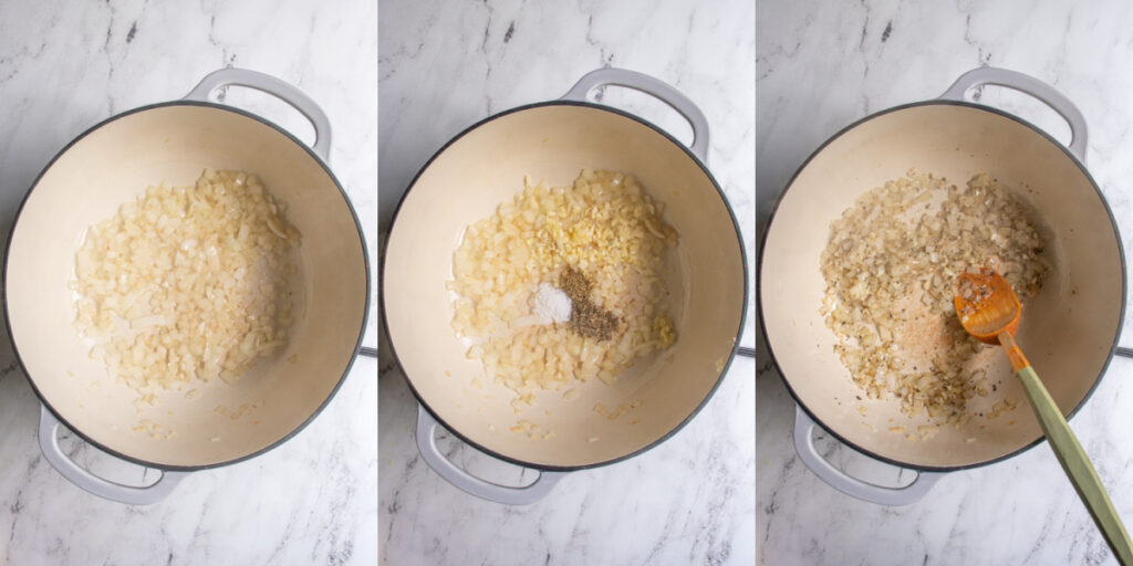 Collage showing the first steps of cooking the butternut pasta sauce which are sautéing the onions and the garlic and spices.