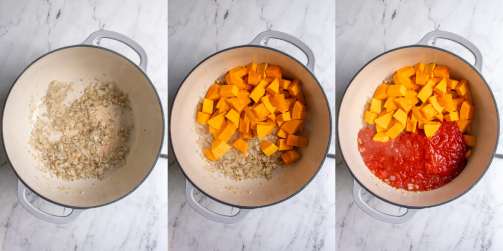 Collage showing the steps for cooking butternut pasta sauce with the sautéed onions, adding the butternut squash, and the tomatoes.
