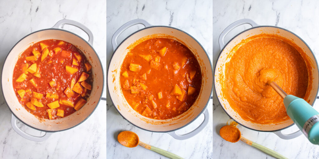 Collage showing the steps of cooking butternut squash pasta sauce including simmering the sauce and the using an immersion blender to make it smooth.