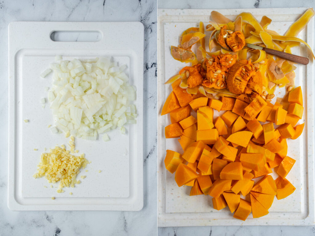 A cutting board with diced onions, garlic, and butternut squash.
