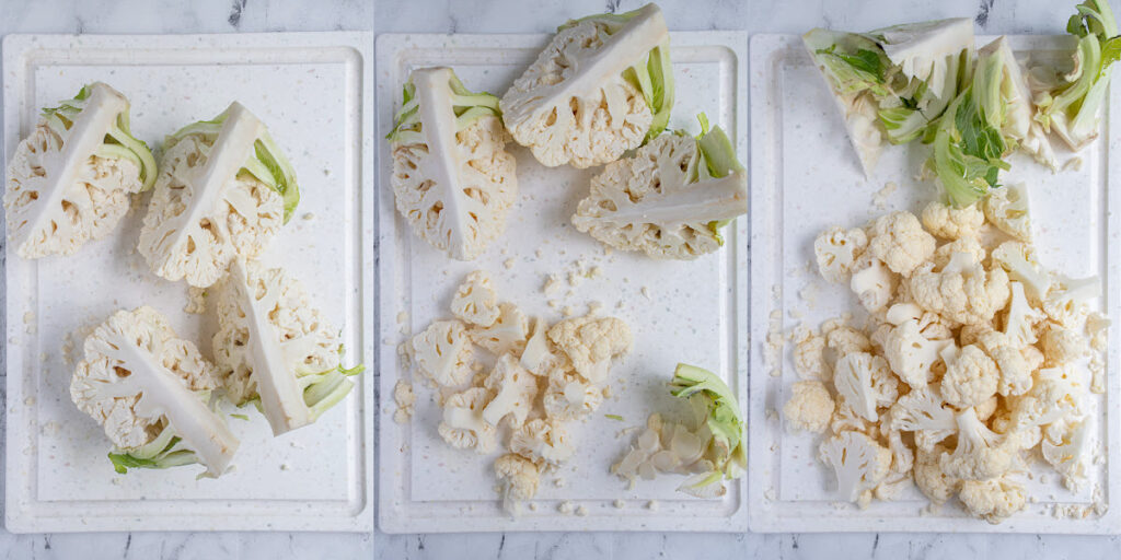 Collage showing how to cut cauliflower into florets to make air fryer cauliflower. 