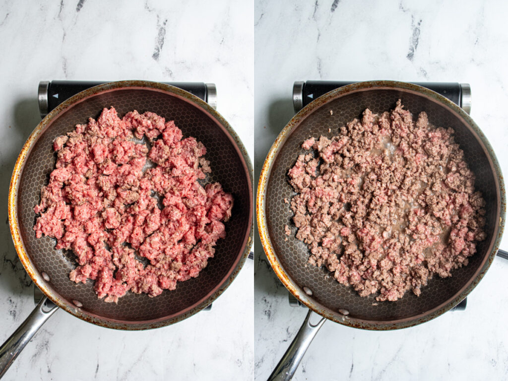 Ground beef being crumbled and browned.