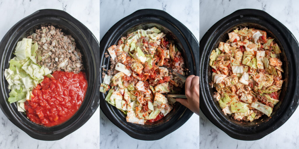 Collag showing the making of unstuffed cabbage rolls inside a crockpot.