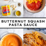 Pinterest pin with text overlay "Butternut Squash Pasta Sauce", image of a white bowl filled with spaghetti covered in homemade butternut squash pasta sauce.