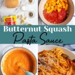 Pinterest pin with text overlay "Butternut Squash Pasta Sauce", image of a white bowl filled with spaghetti covered in homemade butternut squash pasta sauce.
