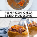 Pinterest Pin with text overlay "Pumpkin Chia Seed Pudding", image of a glass with pumpkin chia seed pudding topped with pecans.