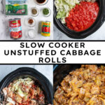 Pinterest pin with text overlay "Slow Cooker Unstuffed Cabbage Rolls", image of crockpot with cooked lazy cabbage rolls.