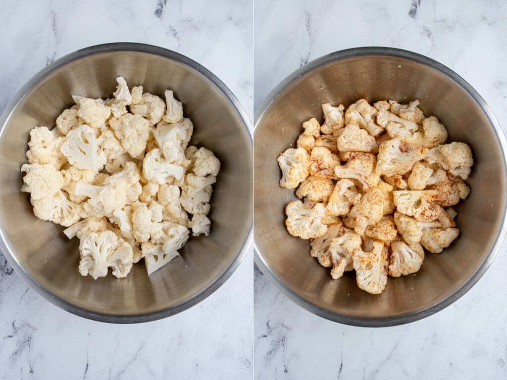 Collage showing the cauliflower in florets in a bowl and then seasoned.