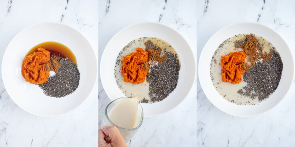 Collage showing the steps of adding all of the ingredients to a bowl.