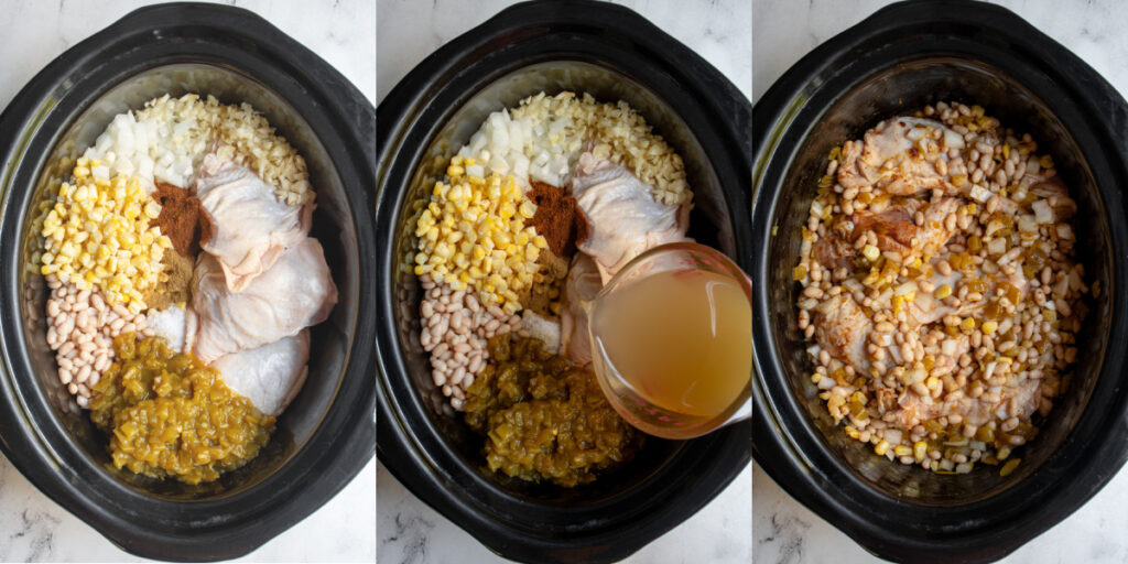 Adding the ingredients to the crockpot to make slow cooker white chicken chili.