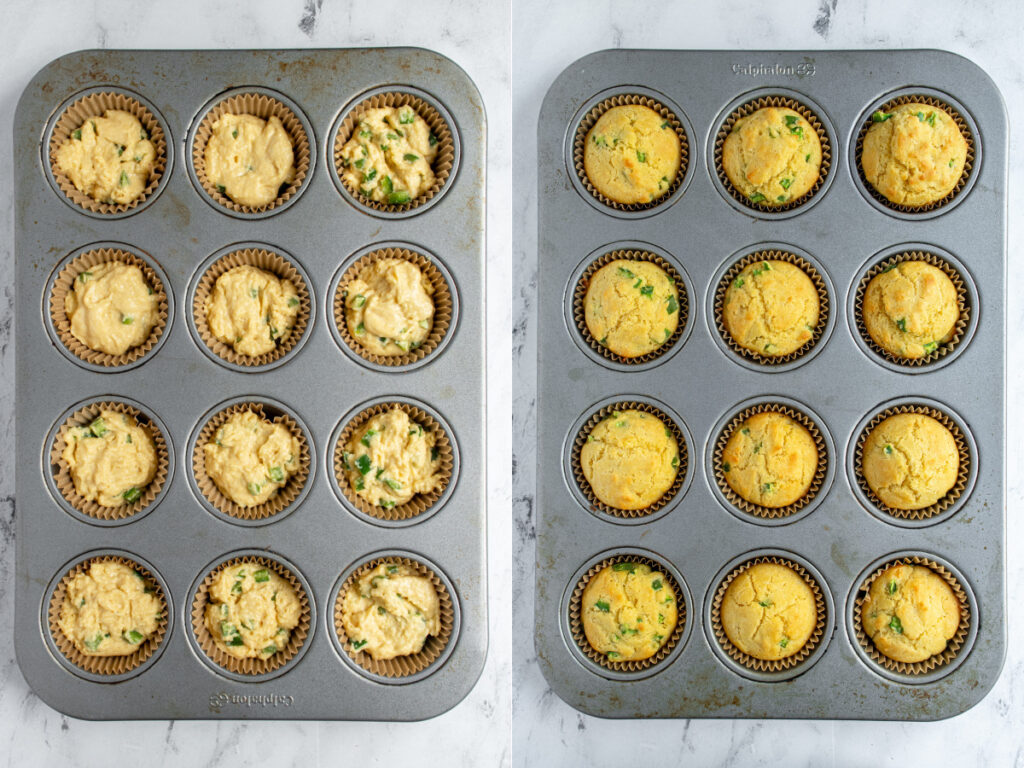 Before and after of jalapeño cornbread muffins being baked in the oven.
