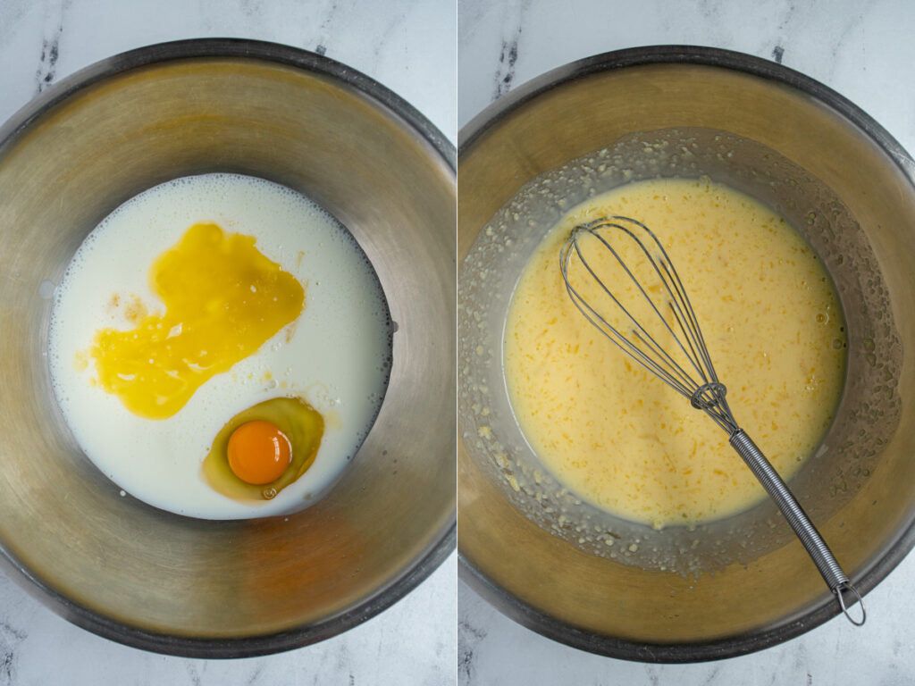 The wet ingredients being mixed together for cornbread muffins in a large bowl.