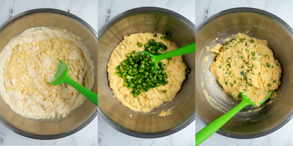 a large bowl combing the wet and dry ingredients to make jalapeño cornbread muffins.