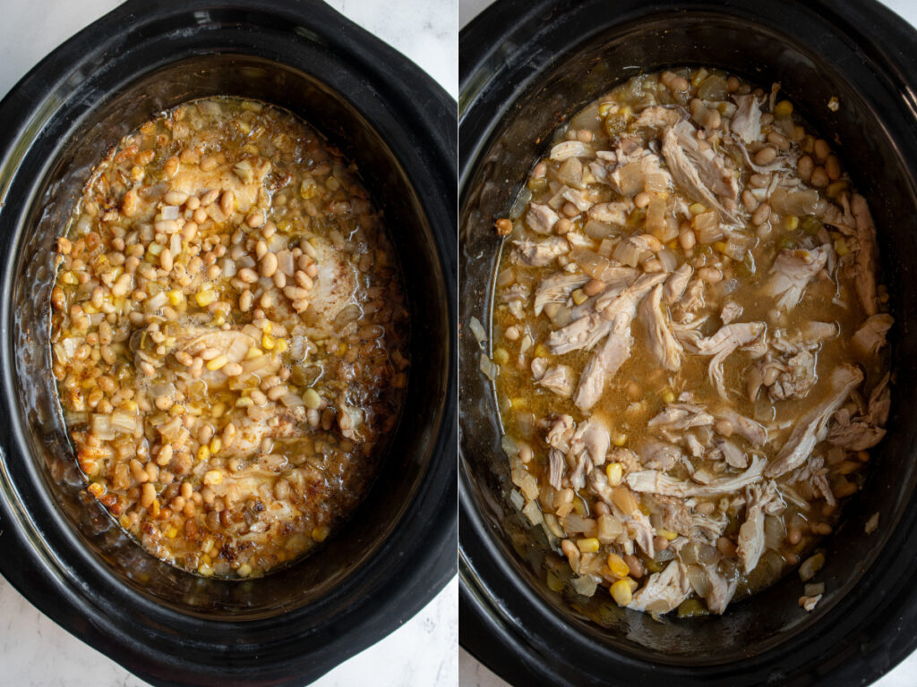 Cooked white chicken chili in the slow cooker.