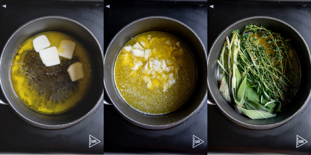 The first steps of making an injection for a deep fried turkey, including melting butter, adding oil, and herbs.