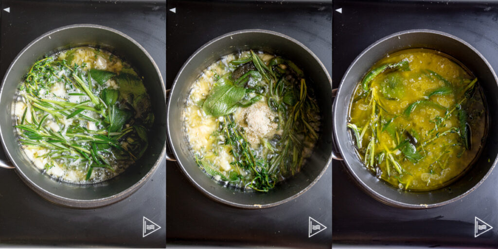 Collage showing the steps for simmering the injection recipe together for a deep fried turkey.