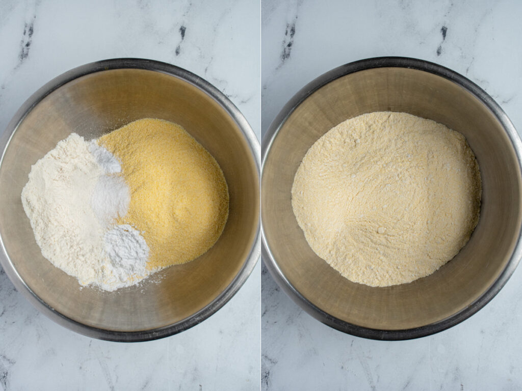 The dry ingredients to make jalapeño cornbread muffin is a large bowl.