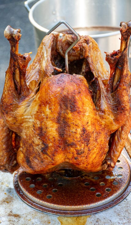 Outside on a table sits a freshly deep fried turkey on a stand with golden skin.