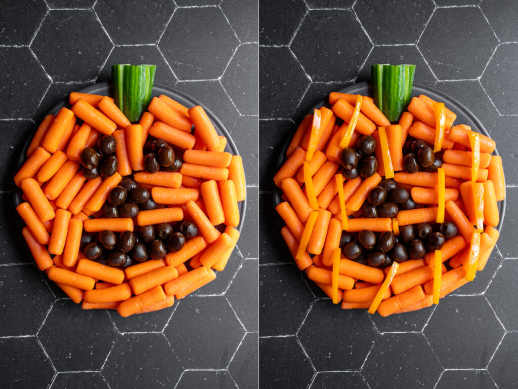 Collage of steps showing the final stages of the halloween pumpkin veggie tray being put together.