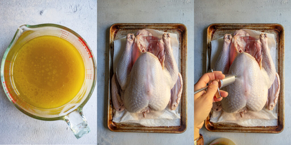 Injecting a raw turkey with a metal injector.