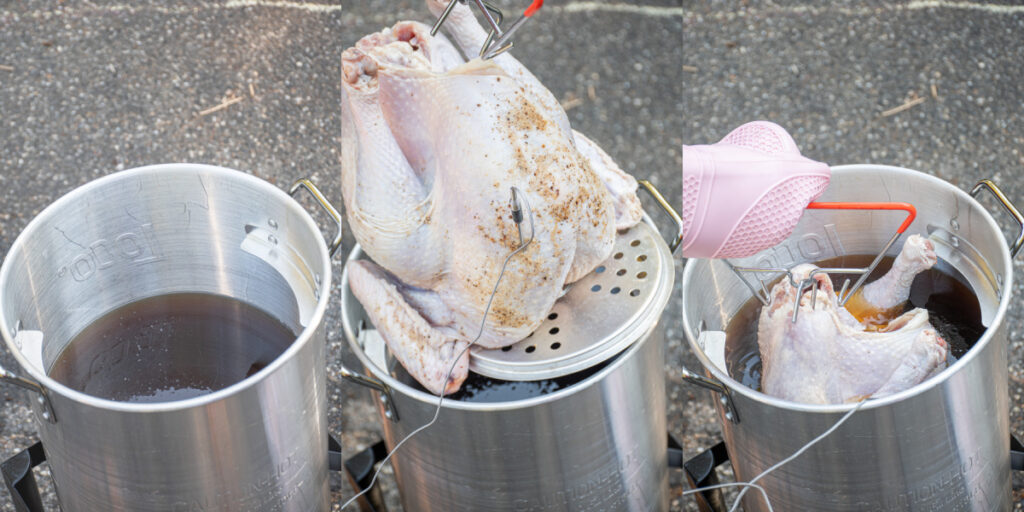 Lowering a turkey into a deep fryer.
