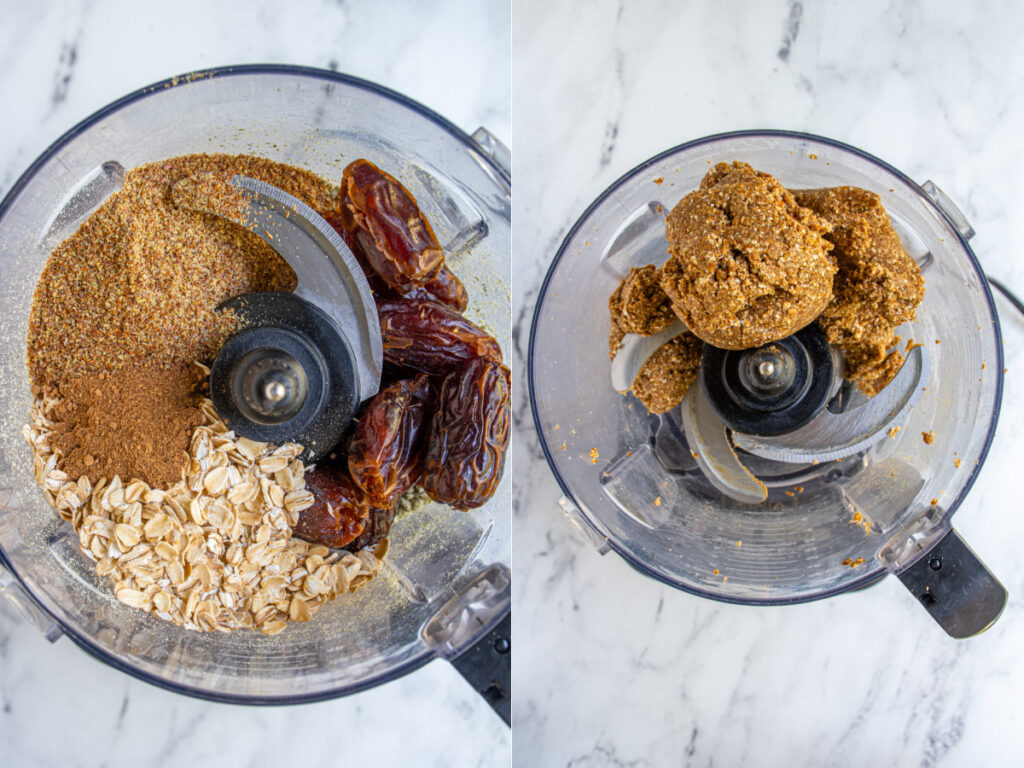 collage of making chai spiced energy balls in the food processor, showing the ingredients before and after being processed.