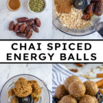 Pinterest pin with text overlay "Chai Spiced Energy Ball", image of a blue and white bowl overfilled with chai spiced energy bites.
