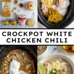 Pinterest pin with text overlay "Crockpot White Chicken Chili", image of a white bowl filled with white chicken chili garnished with sharp white cheddar.