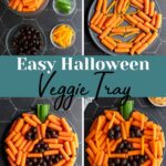 Pinterest pin with text overlay "Easy Halloween Veggie Tray", image of a pumpkin veggie tray made with baby carrots and olives.