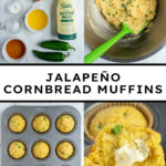 Pinterest pin with text overlay "Jalapeño Cornbread Muffins", image of a cornbread muffin cut in half with a smear of butter revealing a tender inside.