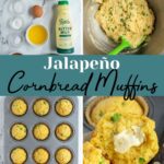 Pinterest pin with text overlay "Jalapeño Cornbread Muffins", image of a cornbread muffin cut in half with a smear of butter revealing a tender inside.