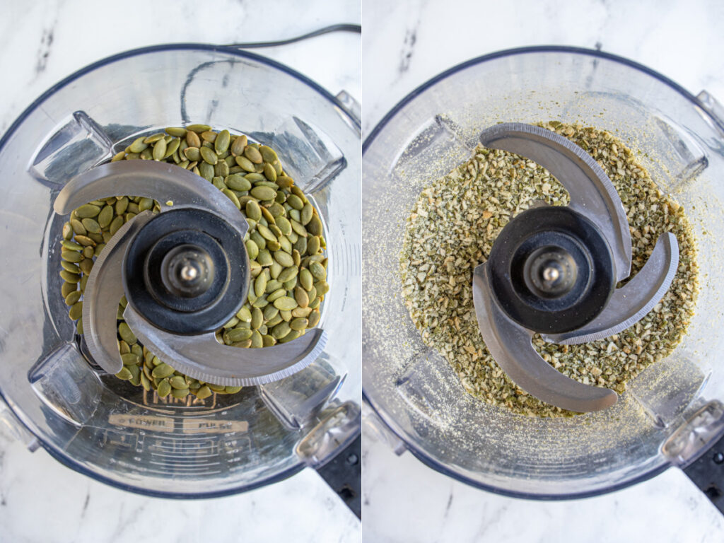 Collage showing the before and after of pumpkin seeds being processed in the food processor.