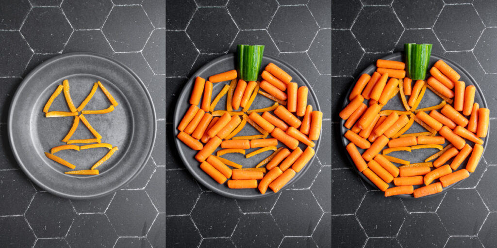 Collage showing the steps for outlining the pumpkin veggie tray and starting to add carrots to the halloween veggie platter.