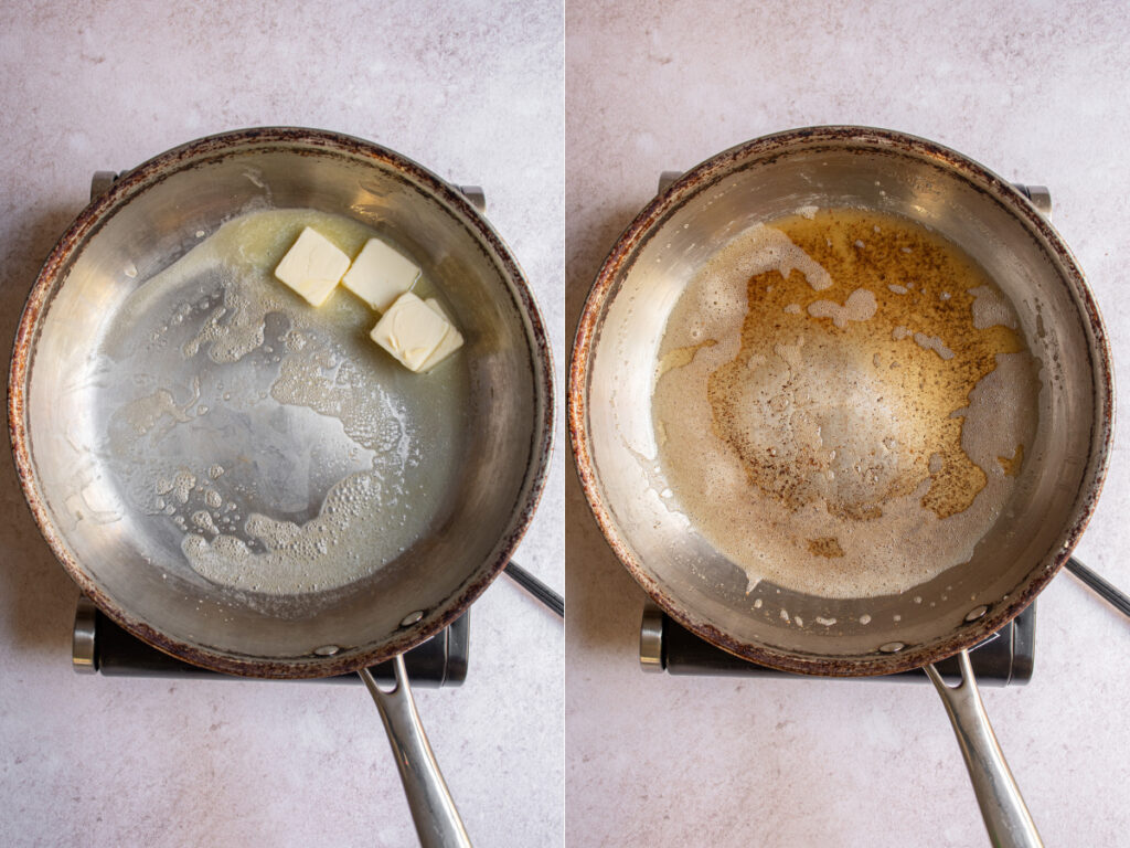 Collage showing browning the butter for the bourbon pecan pie.