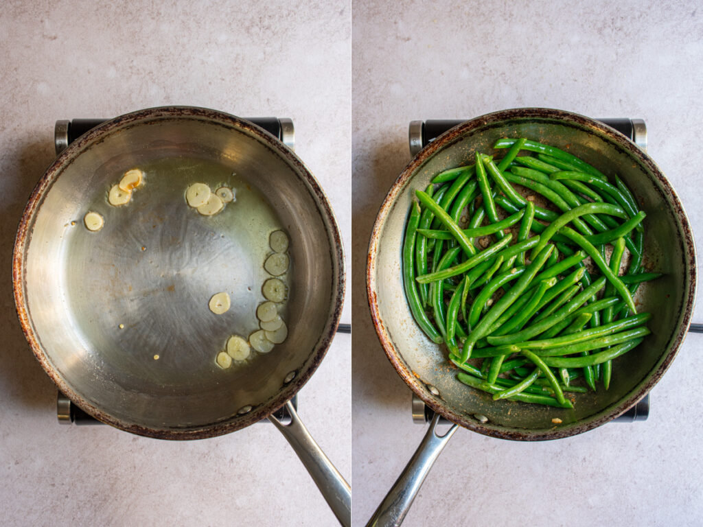 A skillet showing sautéing the garlic and greens beans.