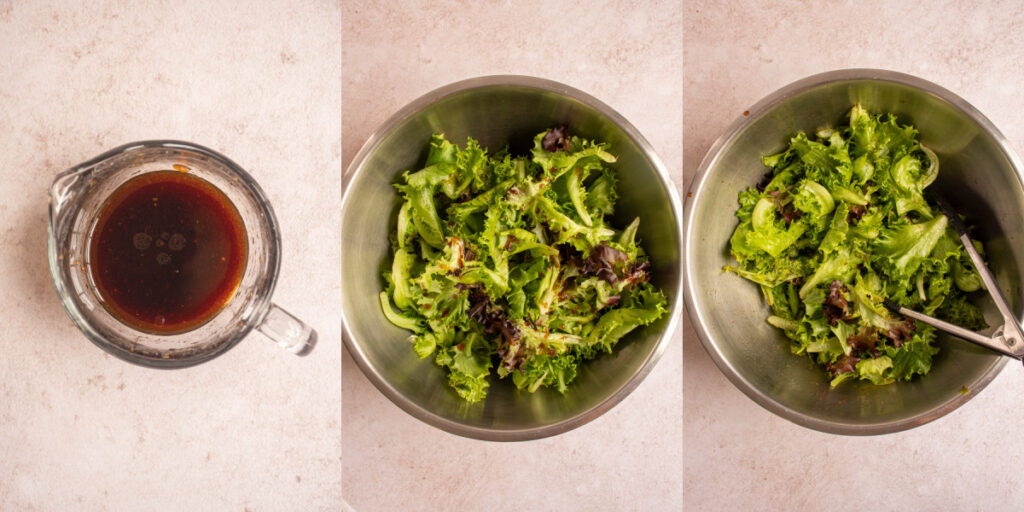 A fig preserve dressing on top of mixed greens for a winter salad.