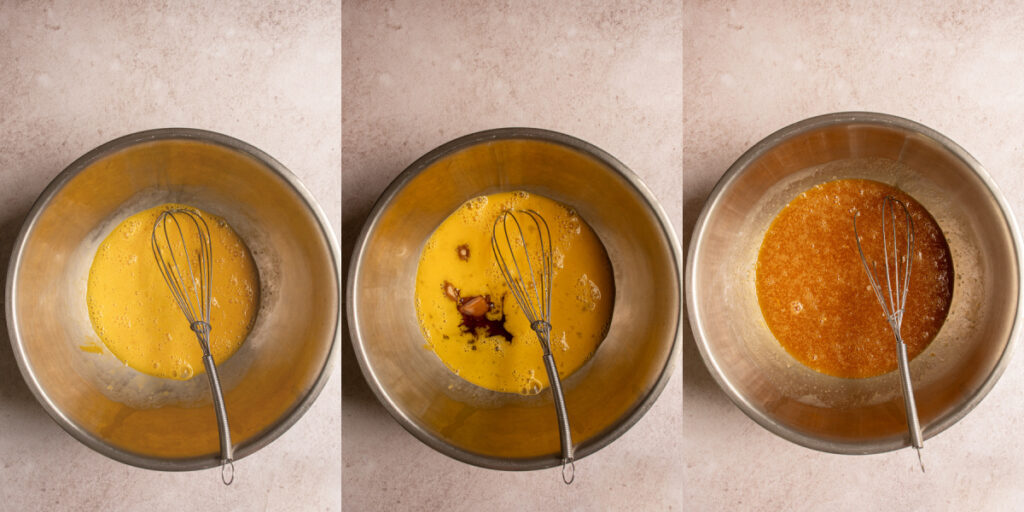 Collage showing whisked together eggs, sugar, and corn syrups.