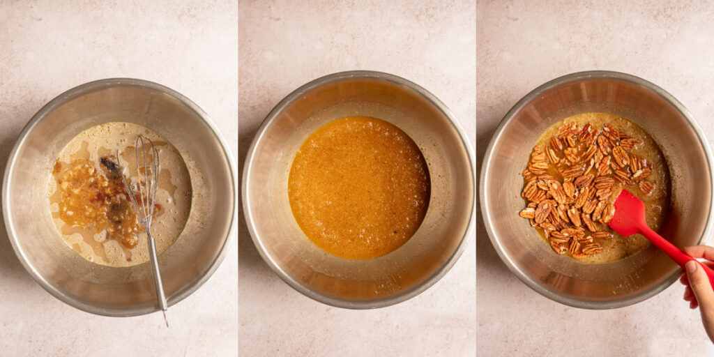 Collage showing adding the brown butter, and other flavors to the pie mixture.