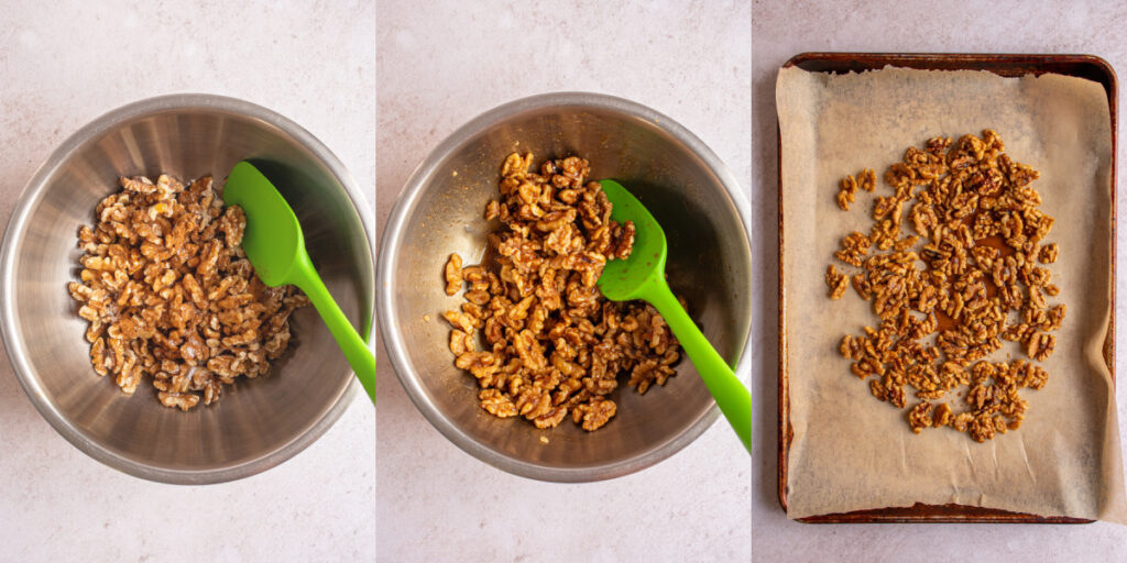 Making candied walnuts in a bowl adding maple syrup before being added to a tray.