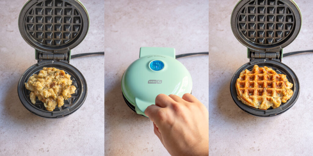Making stuffing waffles in a Dash waffle maker.