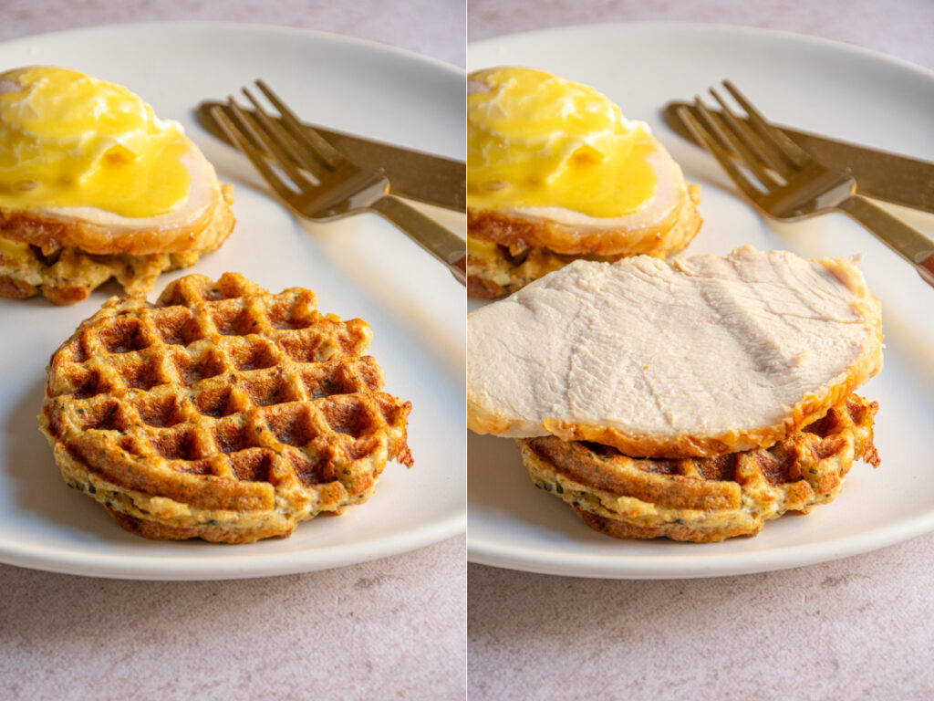 Building the thanksgiving egg Benedict with a stuffing waffle and slice of turkey.