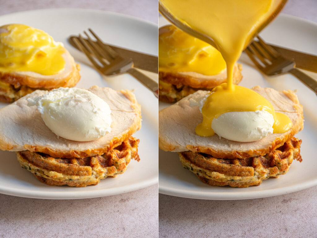 Building the thanksgiving eggs Benedict with a poached egg and a drizzle of hollandaise sauce.