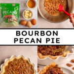 Pinterest pin with text overlay 'Bourbon Pecan Pie', image of a slice of pecan pie on a white plate.