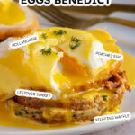 Pinterest pin with text overlay "Leftover Thanksgiving Eggs Benedict", image of a poached egg opened with runny yolk with hollandaise sauce, turkey, and a stuffing waffle.