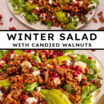 Pinterest pin with text overlay 'Winter Salad with Candied Walnuts', image of a large platter covered in a colorful and festive salad.