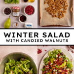 Pinterest pin with text overlay 'Winter Salad with Candied Walnuts', image of a large platter covered in a colorful and festive salad.